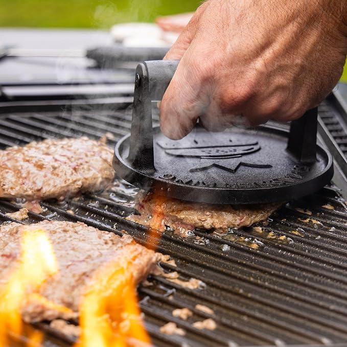 SMASHER KING™ - Premium Cast Iron Smash Burger Press incl. 25 pcs of Pat | ty Paper, Burger Smasher for Griddle with Black Wood Handle, Perfect Hamburger Press