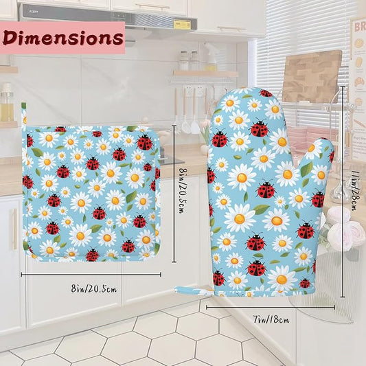 Ladybug Heat-Resistant Silicone Oven Mitts and Pot Holders 4 Piece Set,Cute Daisy Extra Long Non-Slip Kitchen Oven Gloves for Cooking, Baking, BBQ,Grilling