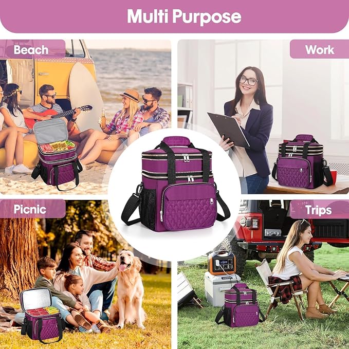 GLENKEY Expandable Insulated Lunch Box, Double Deck Lightweight Large Lunch Bag Tote Leakproof Cooler Bags for Women Adults Work Outdoor Picnic Daytrip, Purple,16L