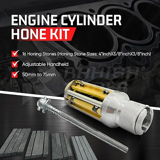 Engine Cylinder Hone Kit 50mm to 75mm Adjustable Handheld Honing Machine Tool Kit with 16 Stones Sizes 4" x3/8" x3/8" - Works for Mid-Size to Larger Car Engines