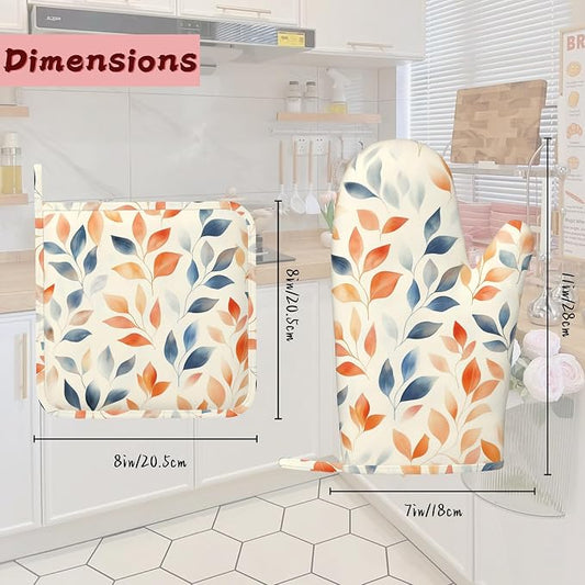 Autumn Leaves Heat-Resistant Silicone Oven Mitts and Pot Holder 4 Piece Set,Non-Slip Kitchen Oven Gloves for Baking, BBQ, Cooking,Grilling