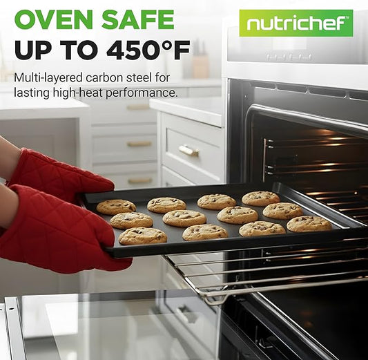 NutriChef 3-Piece Non-Stick Cookie Sheets for Baking - Heavy Duty Steel Baking Sheet Pans for Toasters & Oven - Small, Medium, & Large Size Baking Trays - PFOS, PFOA, PTFE-Free Nonstick Coating