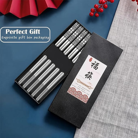 Metal Chopsticks Reusable 5 Pairs 18/8 Stainless Steel,Gift Box Set Silvery | Dishwasher Safe,Non-Slip,Square Lightweight,Boho Style