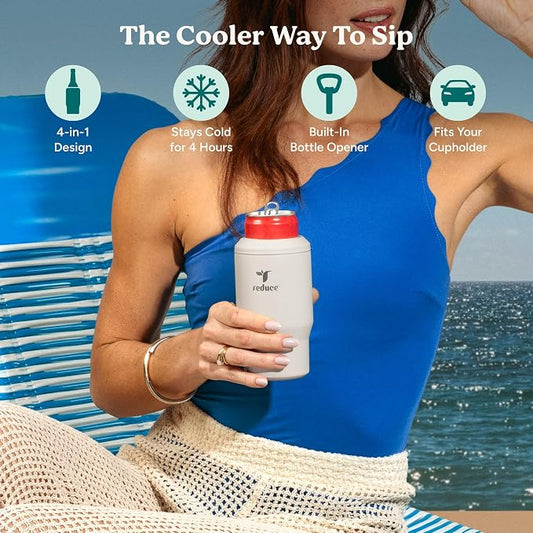 Reduce 4-in-1 Drink Cooler - Versatile Can & Bottle Holder with Vacuum Insulation - Keeps Drinks Cold Up to 4 Hours - Includes Bottle Opener - Fits Cupholders & Dishwasher Safe - 14oz - Unbleached