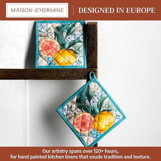 Maison d' Hermine Pot Holders 100% Cotton Potholders (8" x 8", Pack of 2) | Heat Resistant Hot Pads with Loop BBQ Cooking Baking Farmhouse Kitchen Handling Hot Pans Spring Summer - Agrume
