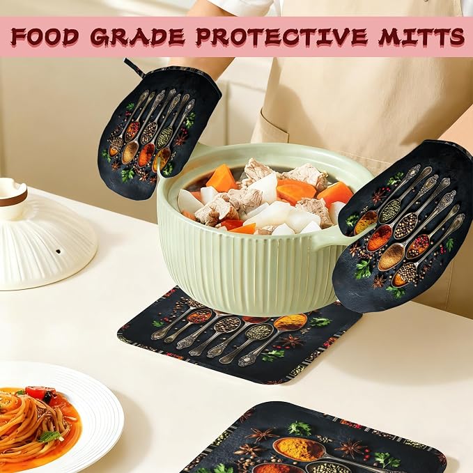 Cooking Herbs Spices Heat-Resistant Silicone Oven Mitts and Pot Holders 4 Piece Set,Extra Long Non-Slip Kitchen Oven Gloves for Cooking, Baking, BBQ,Grilling