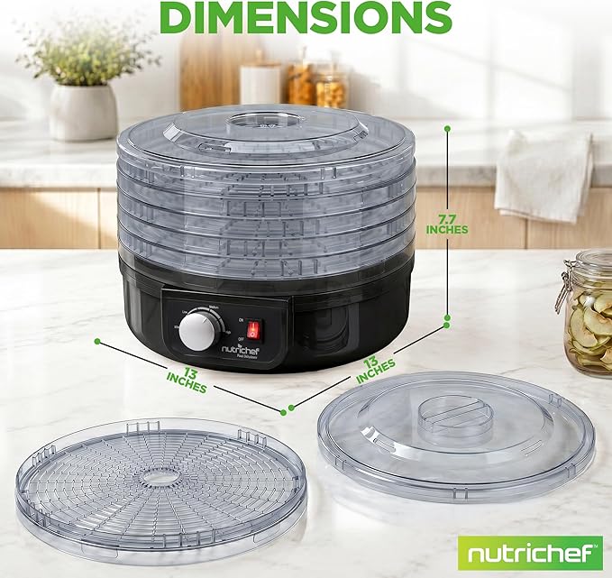 Nutrichef Electric Countertop Food Dehydrator | Professional Multi-Tier Food Preserver | Dehydrate Fish, Beef Jerky, Meats, Mushrooms, Fruits & Vegetables | 5 Stackable Trays for Easy Cleaning