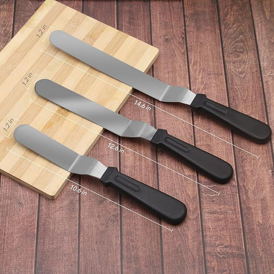 Offset Spatula Set with 3 Packs Cake Scrapers Smoother, Stainless Steel Angled Icing Spatula Cake Decorating Frosting Spatula Set with 6, 8, 10 inch Blades