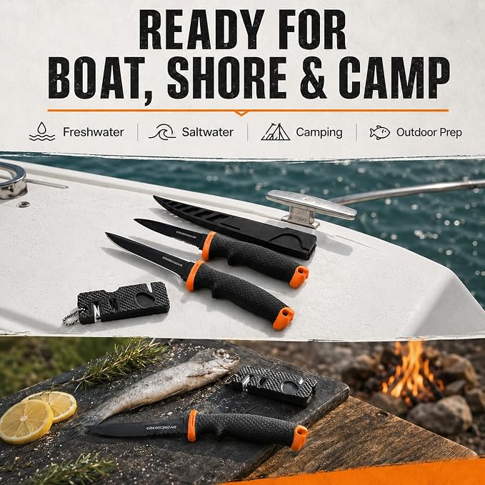 2PCS Fishing Fillet Knife Set – 4” & 6” Bait & Fillet Knives, Sharp Stainless Steel, Non-Slip Handle, Lightweight Portable Fish Knife Set for Fishing & Kitchen