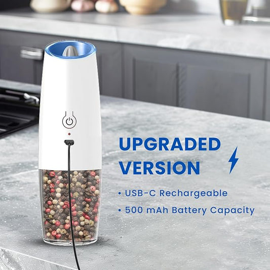 UNNEES Rechargeable Electric Salt and Pepper Grinder set of 2, gravity electric salt and pepper grinder set, Adjustable Roughness, LED Light, 2 Pack, (White)