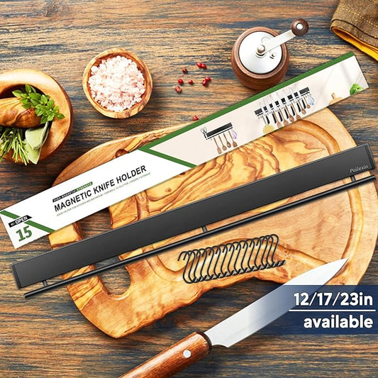 23 inch magnetic knife holder with 15 hooks, No Drilling black knife magnetic strip and utensil hanger for wall, Powerful knife magnet rack include tape and screws