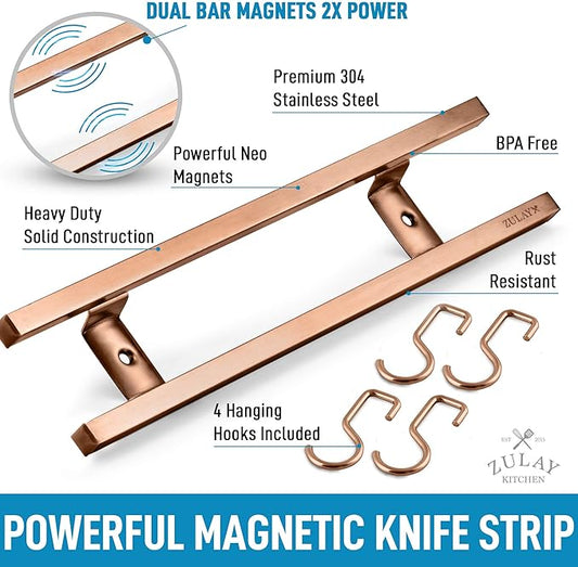 Zulay (12 Inch) Stainless Steel Magnetic Knife Holder For Wall - Powerful Knife Magnetic Strip With Extra Hanging Hooks - Wall Mount Magnetic Knife Strip & Organizer For Kitchen & Tools (Copper)