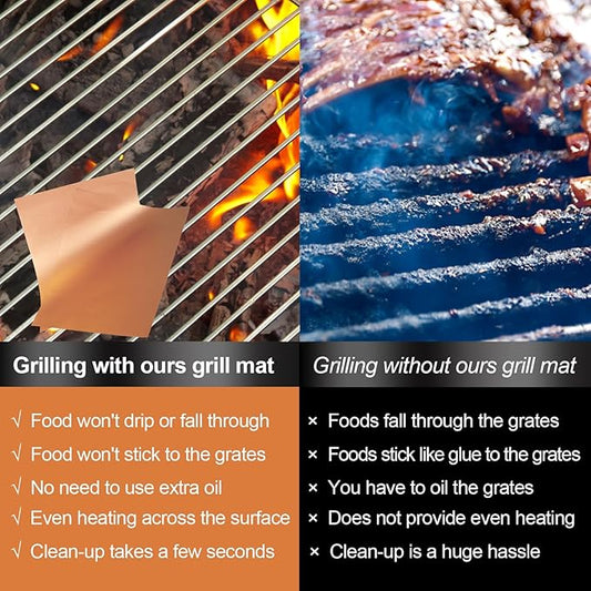 UBeesize Copper Grill Mats 6-Pack, Non-Stick PFOA-Free, 500°F Heat Resistant, Easy Clean, Cut-to-Fit for Gas/Charcoal/Infrared Grills, Camping Accessories for Steak Chicken Fish Vegetables