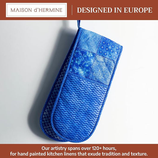 Maison d' Hermine Double Oven Mitts 100% Cotton Double Oven Glove (7"x35") | Heat Resistant BBQ Cooking Gloves with Loop Baking Grilling Kitchen Hotel Home Farmhouse Spring Summer - Indigo Love