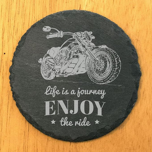 The Open Road Awaits: Motorcycle Coasters with Inspirational Quote - Round Slate - Set of 5