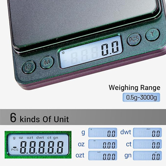 Fuzion Small Gram Scale 3000g, Digital Kitchen Food Scale, Gram and Ounce | Ombré, 0.1g Accuracy, 6 Modes, 2 Trays Included, Tare, Piece Counting, For Food, Coffee, Cooking, Herb, Reptiles, Coins