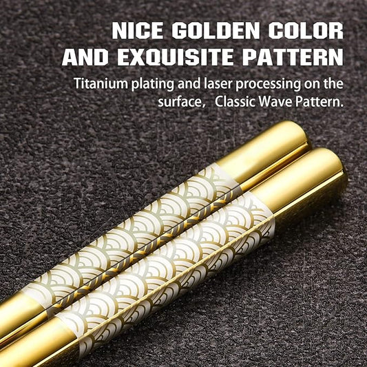Titanium Stainless Steel 18/8 Chopsticks with Holder, 2 Pairs Dishwasher Safe, Japanese Style Gift Set (Golden)