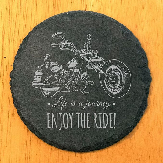 Coast in Style: Rustic Slate Coasters with Motorcycle Design - Round Slate - Set of 8