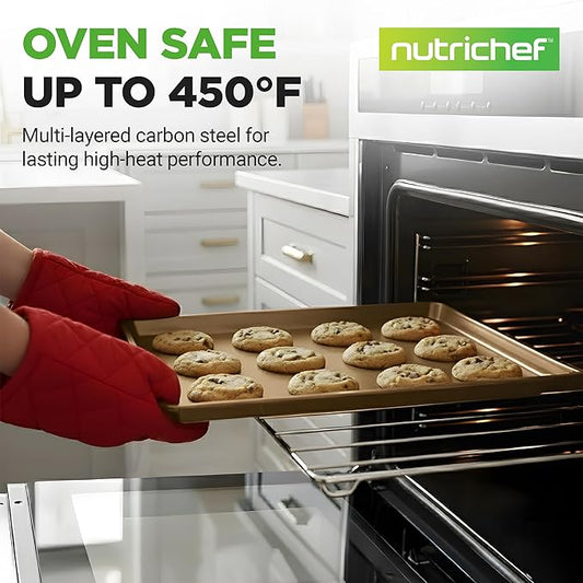 NutriChef Nonstick XL Cookie Sheet Baking Pan - Extra Large 22" x 16" Carbon Steel Oven Baking Sheet for Pastries, Desserts, & More - Dishwasher Safe, Gold