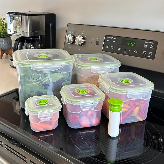 Lasting Freshness 11 piece Vacuum Seal Food Storage Containers with Vacuum Pump, Airtight and Leak Proof, Vacuum Sealed Food Storage Containers, Meal Prep Containers, Keep Food Fresh up to 5 X Longer