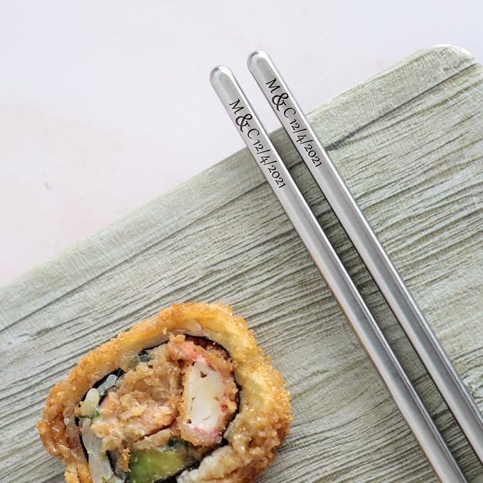 Set of custom reusable metal chopsticks engraved japanese stainless steel dinnerware utensils lot for new home, gifts, party favors, wedding goodie bags, engagements