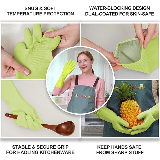 DABOGOSA Reusable Waterproof Household Dishwashing Cleaning Rubber Gloves, Non-Slip Kitchen Glove (Green, Large (Pack of 3))