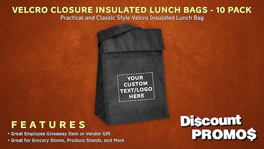 DISCOUNT PROMOS 10 Hook and Loop Insulated Lunch Bags Set - Customizable Text, Logo - Polyester, Durable, Vibrant, Reusable - Black