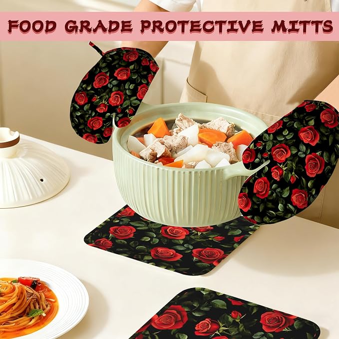 Vintage Red Rose Oven Mitts and Pot Holders (4PCS),Heat Resistant Non-Slip Silicone Kitchen Gloves for Cooking, Baking, BBQ Waterproof Kitchen Accessories