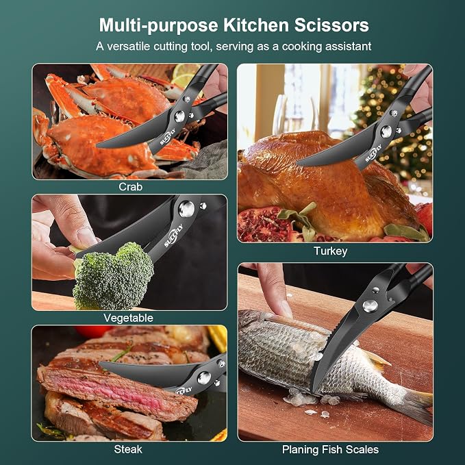 SUCCFLY Kitchen Shears Heavy Duty, Premium Kitchen Scissors Stainless Steel, 8.8" Poultry Shears Ultra Sharp for Bone Chicken Meat, Food Scissors Anti-Slip Handle, Black Titanium Plated, Spring Loaded | Premium Kitchen Shears, Ultra Sharp 420J2 Blade, ...