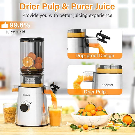 Cold Press Juicer, Masticating Juicer with Large Feed Chute Fit Whole Fruits & Vegetables,Stainless Steel Slow Masticating Juicer Easy to Clean, 99.6% Juice Purity, Metallic Silve