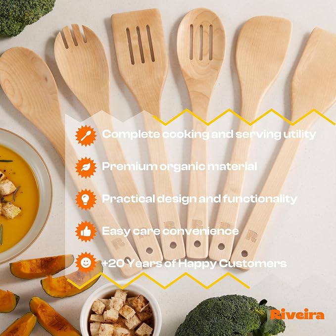 Riveira Maple Wooden Spoons for Cooking Set of 6 – Natural Maple Wooden Cooking Utensils, Wooden Spatula, Wooden Spoon - Premium Quality Utensil Set for Non-Toxic Cooking