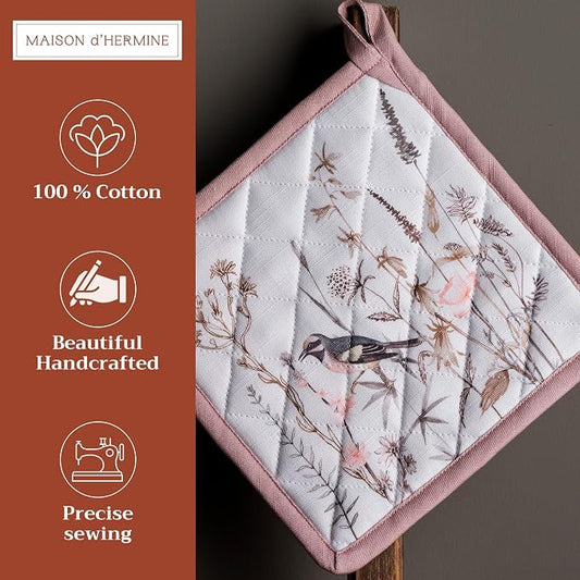 Maison d' Hermine Pot Holders 100% Cotton Potholders (8" x 8", Pack of 2) | Heat Resistant Hot Pads with Loop BBQ Cooking Farmhouse Kitchen Handling Hot Pans Spring Summer - Meadow Florals - Brown