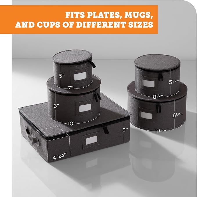 storageLAB 5-Piece China Storage Set | Plates & Mugs | Woven Linen | Gray | Full china set for 12 - 4 plate cases + mug case, zipper closure. Hard shell, felt dividers, stackable, top-load.
