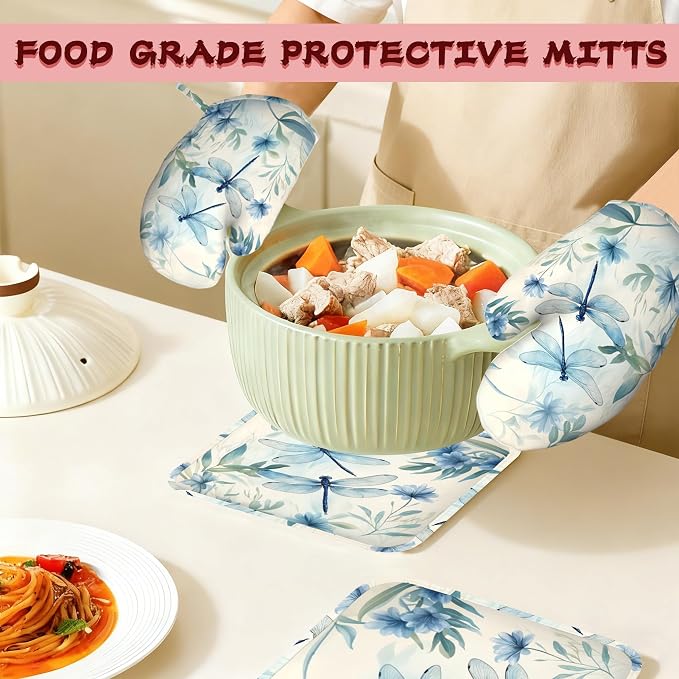 Vintage Dragonfly Silicone Oven Mitts and Pot Holders,Flower Plant Heat-Resistant 4 Piece Kitchen Set Non-Slip Oven Gloves and Hot Pads for Cooking, Baking, Grilling,BBQ