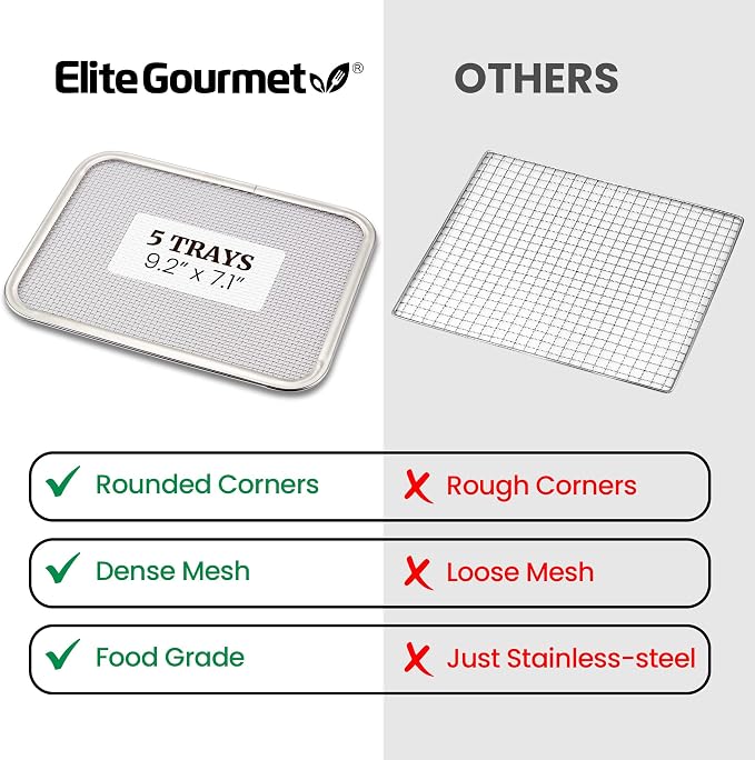 Elite Gourmet 5-Tray Digital Food Dehydrator with Stainless Steel | Adjustable Temp & Timer, Keep Warm, Light, Black, EFD809D