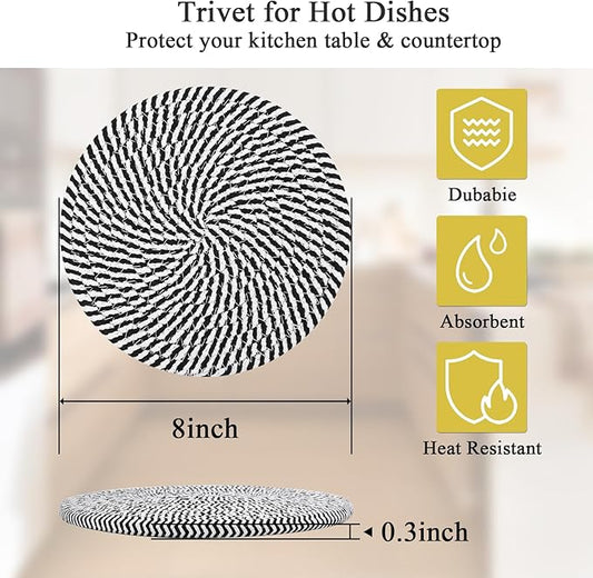 SHACOS 8 Inch Trivets for Hot Dishes, 4 Heat-Resistant Cotton Trivet Mats for Kitchen, Hot Pads for Countertops and Table, Pot Holders for Hot Pots and Pans, Black