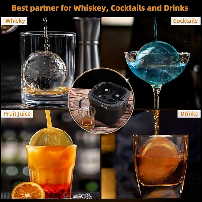 Clear Ice Ball Maker,Four Large 2.4" Crystal Clear Ice Balls for Whiskey, Cocktails, Bourbon,4-Cavity BPA-Free Silicone Easy Remove Ice Sphere Molds with Storage Bag,Stamp