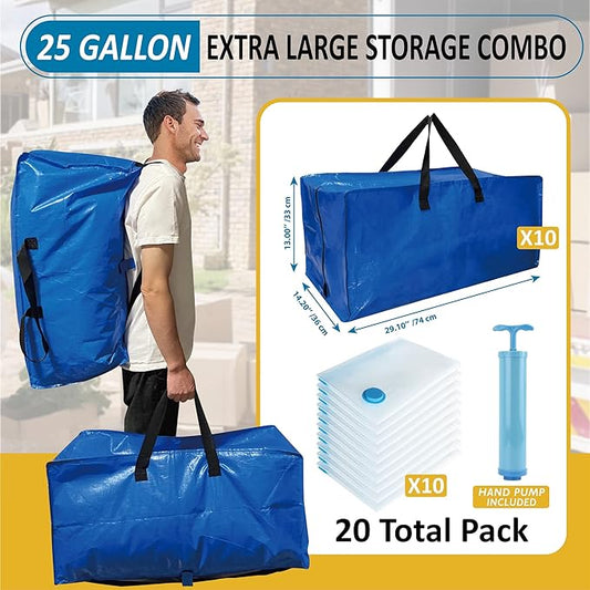 20 Pack Heavy Duty Extra Large Moving Totes with Backpack Straps & Large Vacuum Storage Bags - Space Saving, Fold Flat, Includes Vacuum Bags