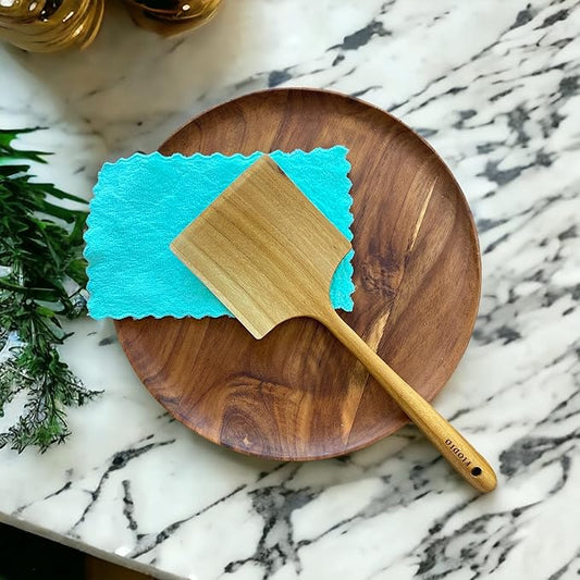 Teak Wide Wooden Spatula with Microfiber Cloth - Natural Non-Stick Healthy Kitchen Utensils - Handcrafted with Comfort Grip