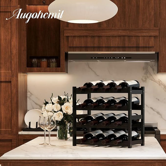 Wine Rack,Bamboo Wine Storage Cabinet Shelf,Countertop Wine Shelf- Freestanding Wine Holder for Kitchen & Pantry (Black, 4-Tier)