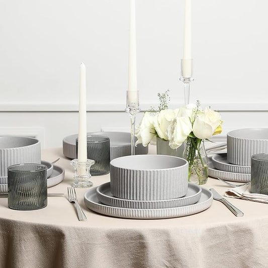 Stone Lain Haven Stoneware 32-Piece Dinnerware Set, Plates and Bowls Sets for 8, Grey Dish Set, Includes Dinner and Salad Plates, Cereal Bowls, Glassware, Microwave & Dishwasher Safe
