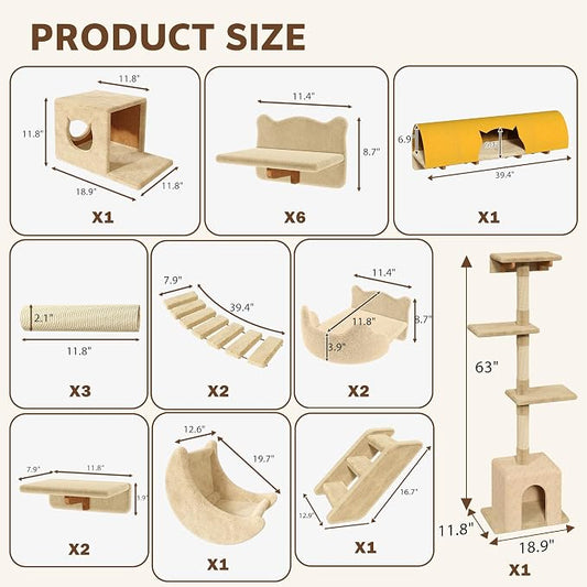 26-in-1 Cat Wall Shelves with Cat Tree, 40''L Tunnel, Moon, Beige | Wall Mounted Cats Furniture Set with Plush Fabric, Cat Climbing Systems for 16 Inch Drywall, with Scratching Posts, Bridge