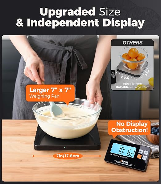 Atogou Wireless Kitchen Scale, 22lb/10kg Food Scale with Detachable Display & Larger Platform, 0.01oz/1g, 9 Units, Counting Function, Stainless Steel, for Cooking, Baking, Shipping, Black