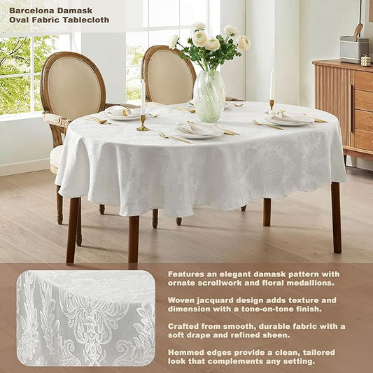 Newbridge Barcelona Luxury Damask Fabric Tablecloth, 60” Wide x 120” Oval, White, 100% Polyester, No Iron, Soil Resistant Dining Room, Party and Banquet Table Cover