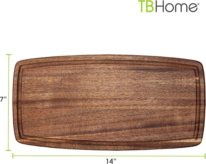 TB Home Acacia Wood Cutting Board with Juice Groove, Wooden Chopping Board for Kitchen, 14” x 7” x 5/8”