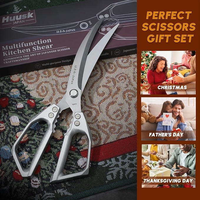 Huusk Kitchen Scissors for Food - Multifunction Poultry Shears Heavy Duty | Japanese Stainless Steel Kitchen Shears for Meat, Fish, Chicken, Turkey, Ergonomic Handle, Easy to Clean, Gifts for Women