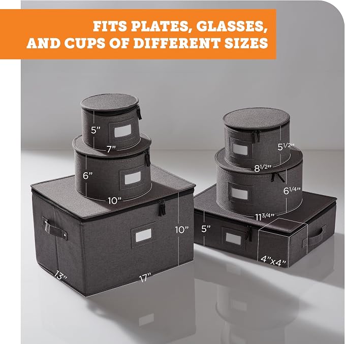 storageLAB 6-Piece China Storage Set | Plates, Mugs & Wine Glasses | Gray | Most complete set - plates, mugs & wine glasses for 12. Hard shell, felt-lined, stackable. Full china system in one.