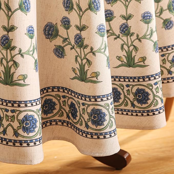 patdrea Designer Linen Blue Round Tablecloth,Vintage Leaves Pattern Floral Anti-Wrinkle Table Cloth,French Fall Dacorative Table Cover for Kitchen Dining,Thanksgiving,Party,Diameter 67"-Ivar B