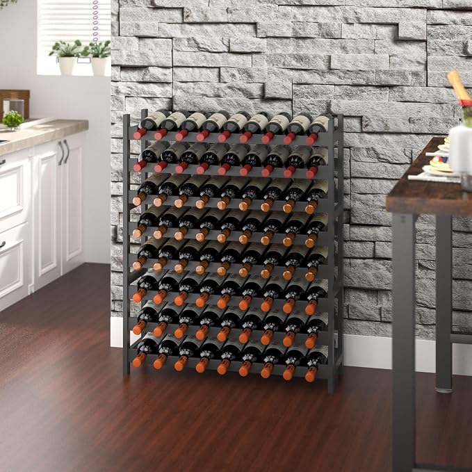 Bamboo Large Wine Rack, 8-Tier Freestanding Floor Bottle Storage Holder | 72-Bottle Storage | Wooden Wine Storage Organizer Shelves for Kitchen Bar, Cellar, & Dining Room | Black | Anti-Tip Kit