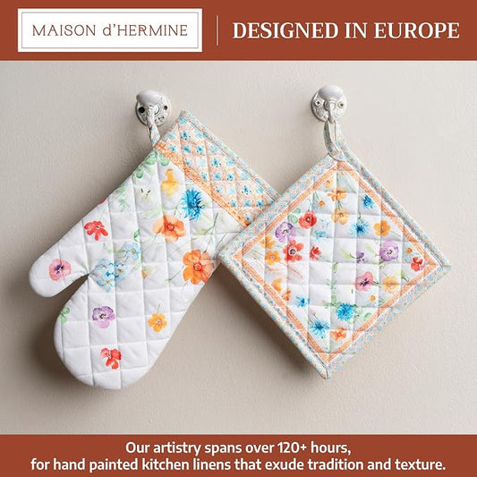 Maison d' Hermine 100% Cotton Oven Mitt & Pot Holder Set (7.5"x13" & 8"x8") | Heat Resistant BBQ Cooking Gloves with Loop Baking Grilling Kitchen Hotel Home Farmhouse Spring Summer - Summer Whisper
